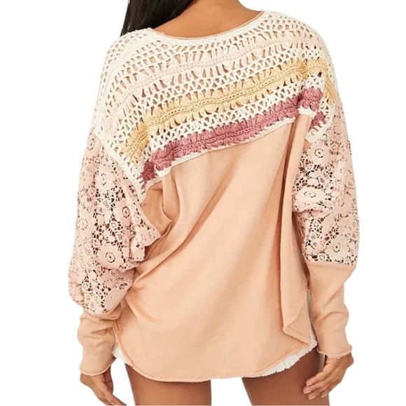 Free People High Hopes Cotton Crocheted-Yoke Lace-Sleeved Top Size Large - Picture 2 of 11